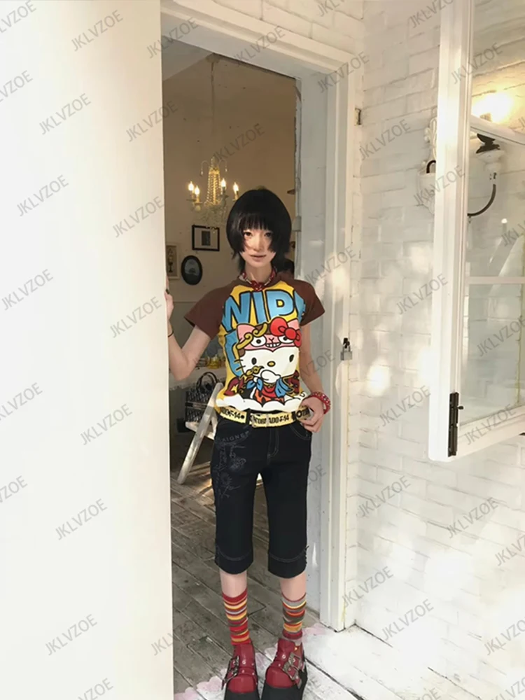 2025 Summer New Cute Cartoon Sanrio HelloKitty Anime Print T-shirt For Women Short Sleeve o-neck Tees High Street Gothic Y2K Top image 5