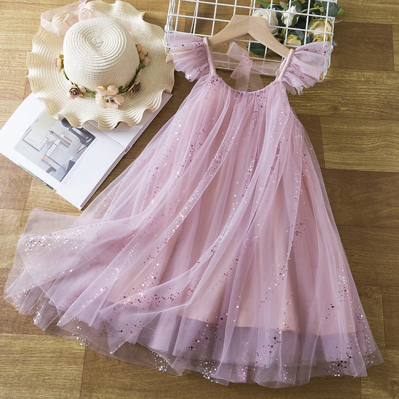 2025 New Summer Girl Suspender Princess Dress Ruffles Kids Sequin Tutu Birthday Party Vestidos for 3-8Y Elegant Girls Dresses