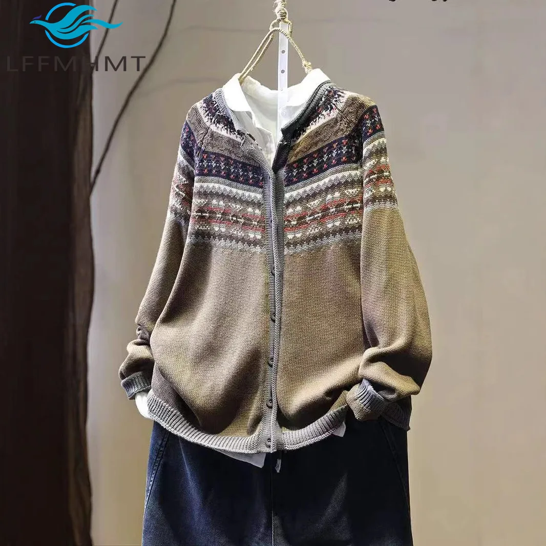 

Women's Autumn Winter Ethnic Jacquard Cotton Knit Cardigan Sweater Loose Comfortable Casual Outerwear Vintage Relaxed Daily Wear