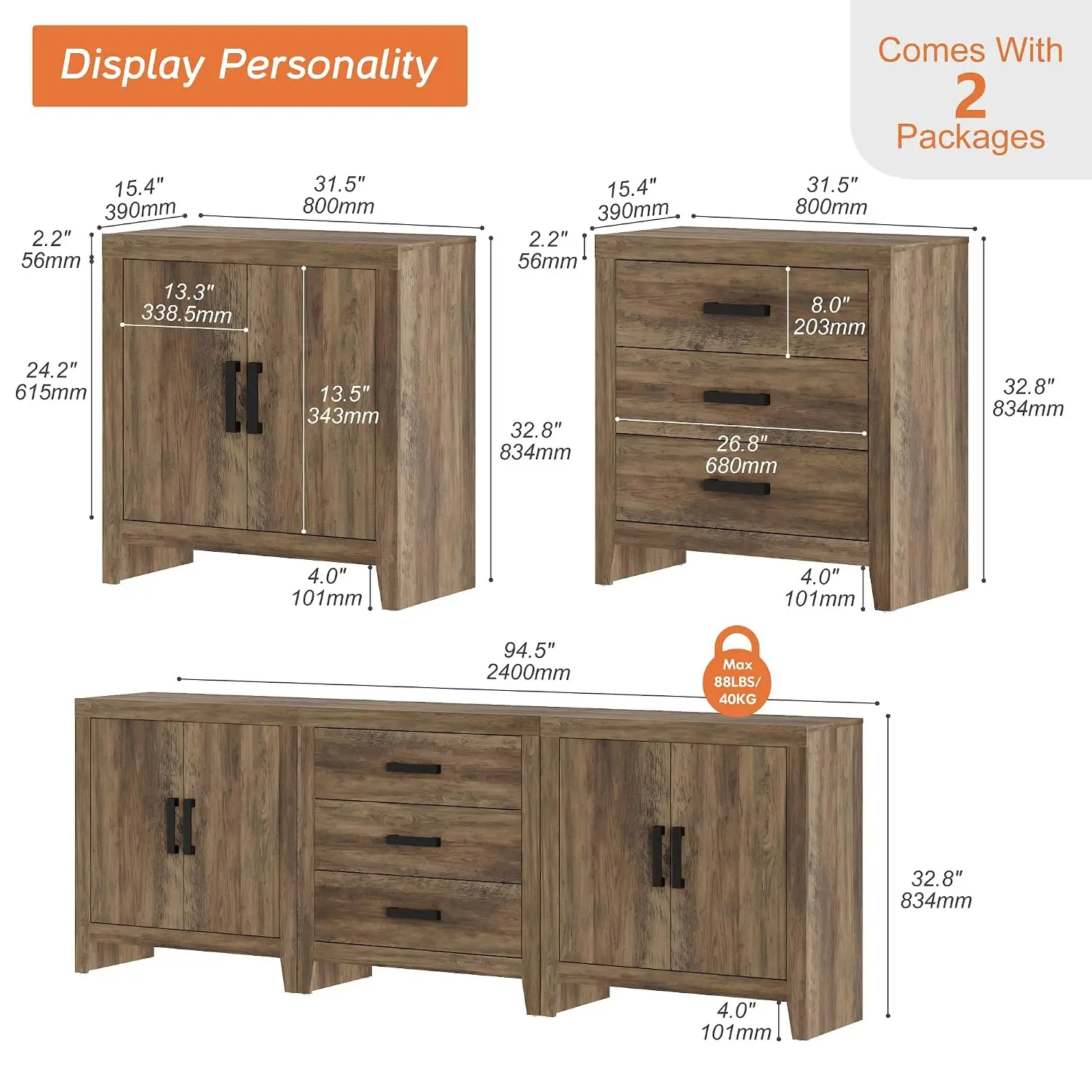 85 Inch TV Stand Entertainment Center with Drawers & Doors, Farmhouse Media Console for Living Room Bedroom, Brown, Customized