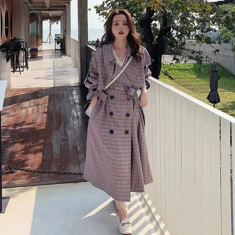 

Korean Loose Mid-length Plaid Trench Coat With Sashes Women Spring Autumn Casual Double-breasted Long Sleeve Female Windbreaker