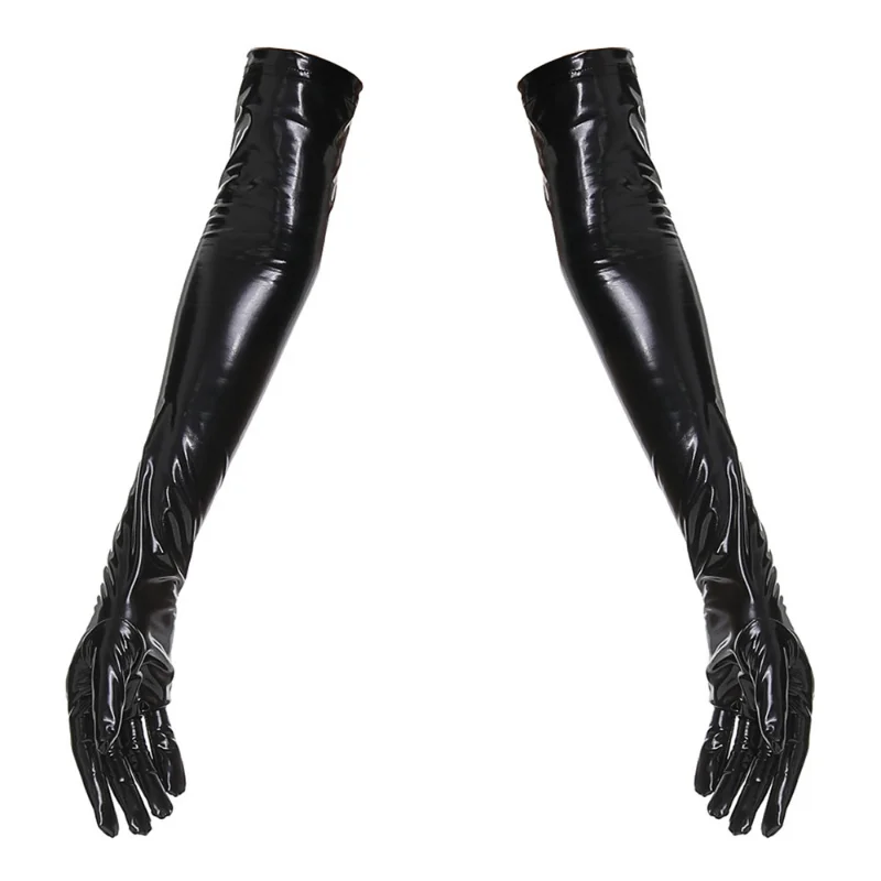 Seksi kadın rugan uzun/kısa eldiven PVC islak bak bayanlar parlak siyah kırmızı parti akşam PU eldiven Cosplay gotik Clubwear