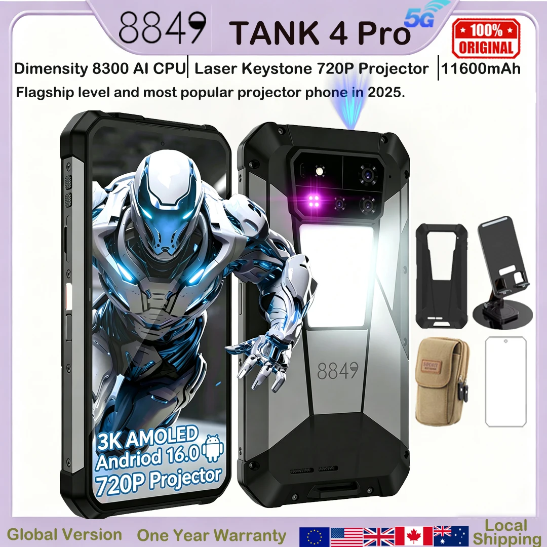 8849 Tank 4 Pro Unihertz 5G Robustes Projektor-Smartphone 1TB 36G Android 14 Sport-Handy 11600mAh Dimensity8300 AMOLED 120HZ