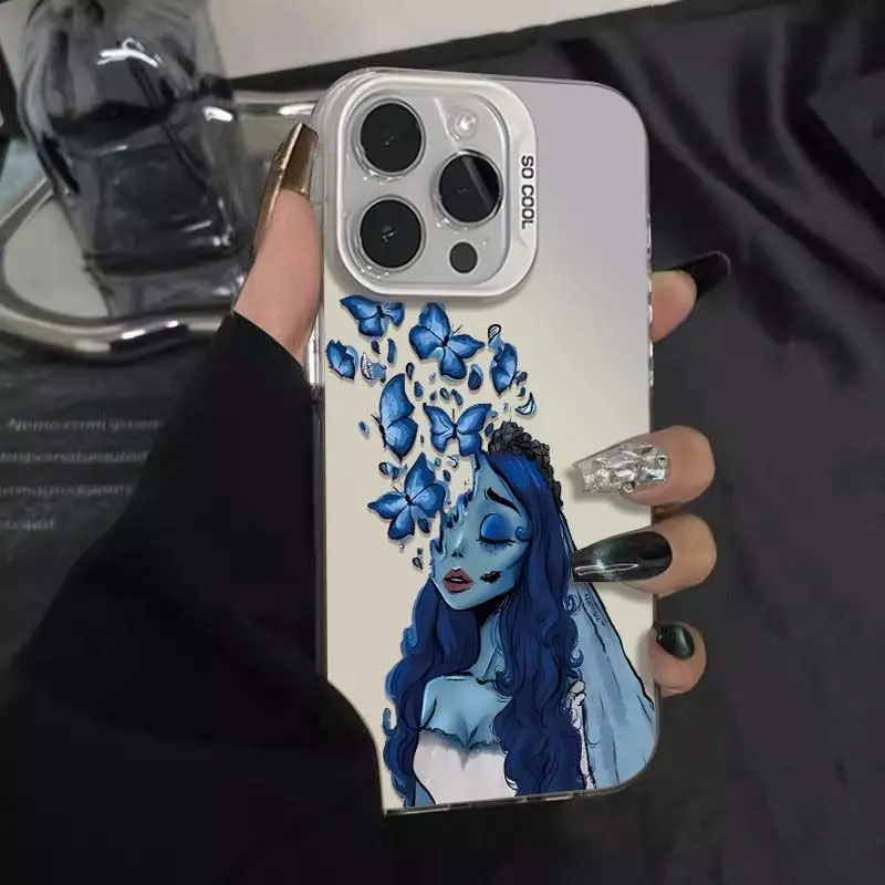 

A girl and a blue butterfly design phone case for iPhone 16 15 14 13 12 11 Pro/ Max/Plus shock-proof rear cover anti-fingerprint