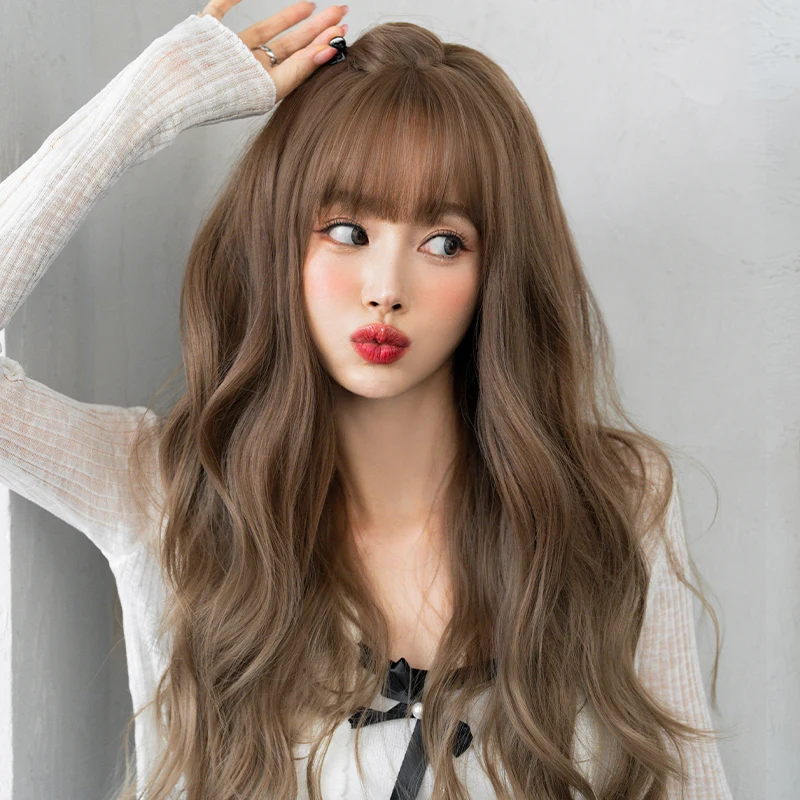 NAMM Honey Brown Wigs with Neat Bangs High Density Synthetic Loose Brown Hair Wig for Women Daily Use Beginner Friendly