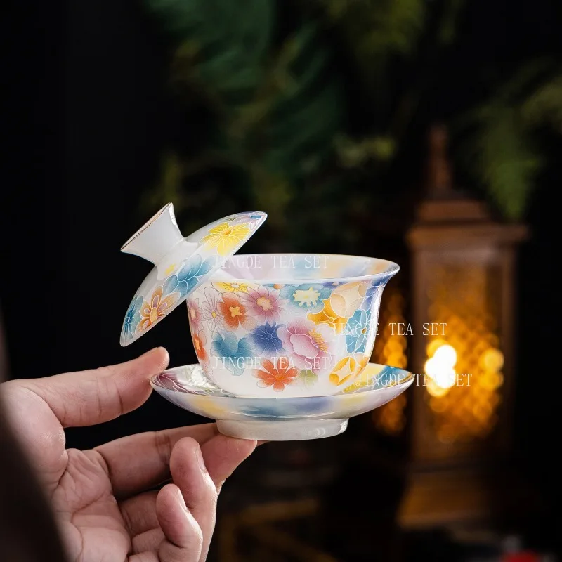 

Керамическая чаша с крышкой в китайском стиле, с подглазурной росписью, чайная чаша с парящей крышкой, чашка для чая, чашка для дегустации чая, посуда для питья