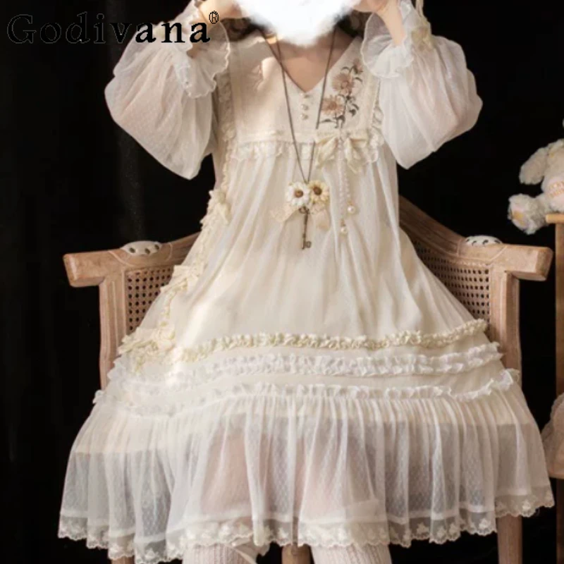 

Spring Elegant Lolita Op Long Sleeve Loose Princess Dress Fashion High Waist A-line Versatile Age-reducing Lace Fairy Dresses