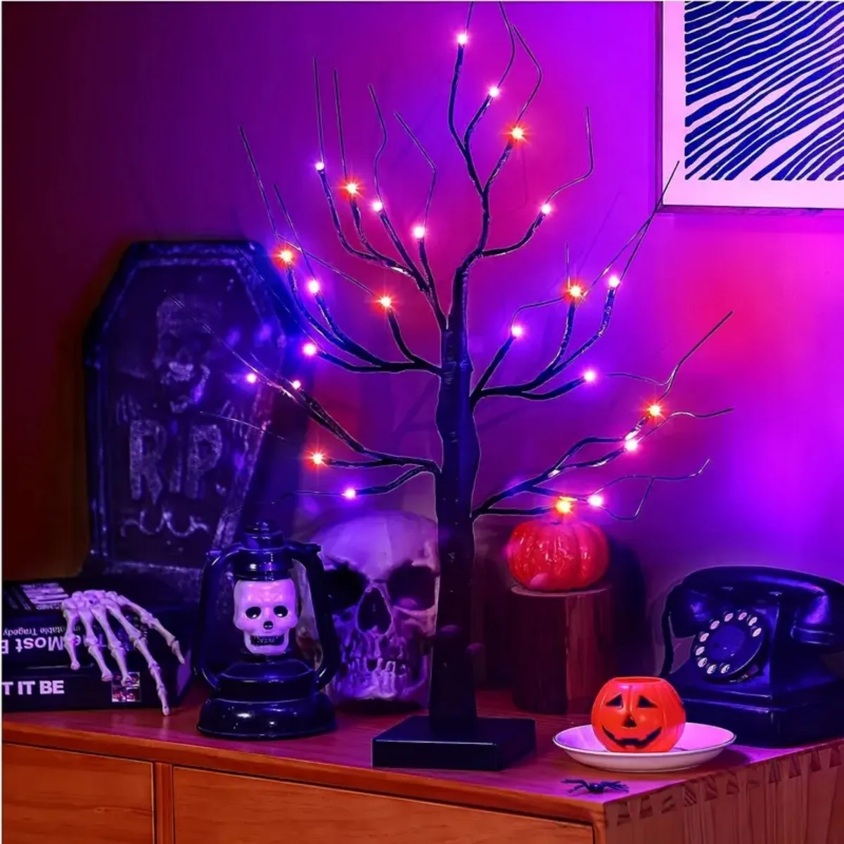 1pc 24 LED Orange And Purple Lighted Halloween Artificial Birch Tree Light DIY Black Branches Lights Tabletop Halloween Spooky