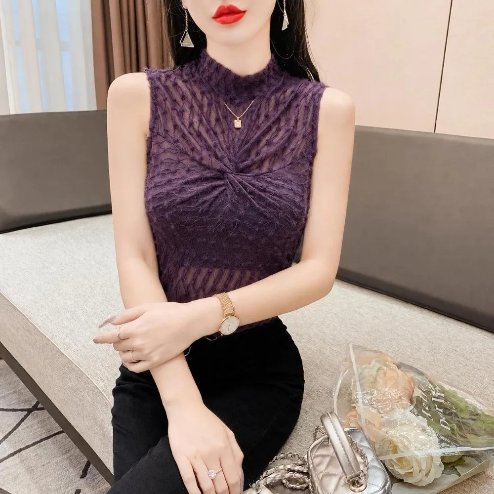 Stylish High Neck Lace Tank Top Slim Fit Sheer Mesh Twist Front Vest Sleeveless Lace Trim Keyhole Neck Top Inner Wear