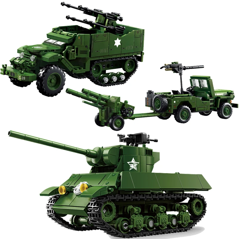 

WW2 US Military Tank Series Building Blocks M16Half-Track Vehicle Blocks WILLYS Jeep Model Bricks M36 Tank Destroyer Toys Gifts