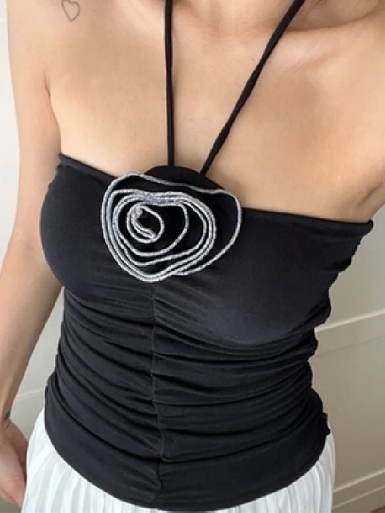 ثلاثية الأبعاد زهرة المرقعة الرسن أنبوب القمم قبالة الكتف عارية الذراعين تانك 2024 مثير بلوزات غير مغطية للكتف Ruched الأسود سترات صغيرة