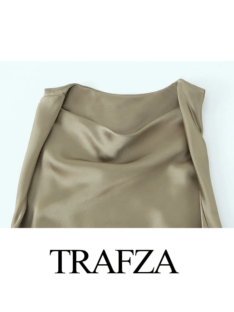 TRAFZA abito estivo per donna 2024 raso di seta strutturato o-collo senza maniche vita pieghettato abiti lunghi Slim abito elegante Vestidos