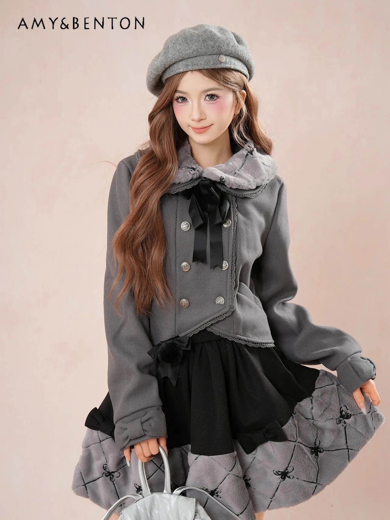 

Осень-зима, новая горячая распродажа, женская двубортная куртка с бантом в студенческом стиле, клетчатая лоскутная короткая юбка, комплект из двух предметов