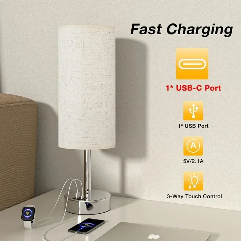 Nordic Fabric Table Lamp USBC+A Charging Port For Living Room Bedroom Bedside Study Desktop Touch Decorative Lighting Fixtures