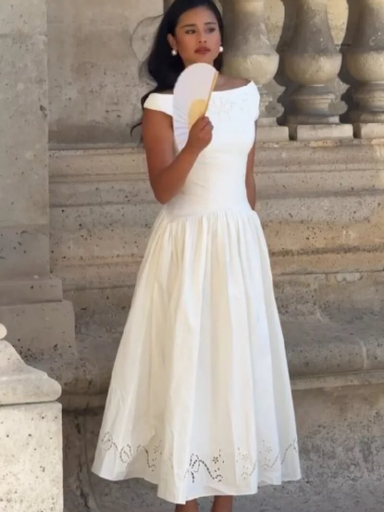 Elegantes weißes schulterfreies Midikleid mit modischer Stickerei, tailliert, A-Linie, Vestidos, schickes Sommer-Abendoutfit für Damen