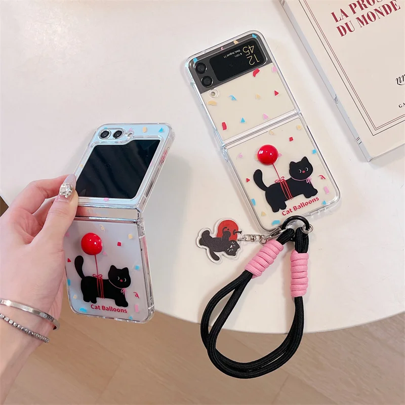 Clear Cute Cat Phone Case For Samsung Galaxy Z Flip 6 5 4 3 Cover with Hand Rope Strap Cartoon Hard Cases For Z Flip5 Flip4 5G