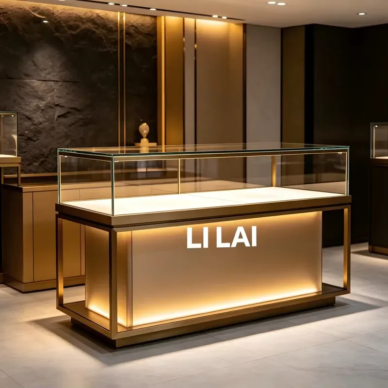 Hot Sale High Quality Heavy Stainless Steel & Aluminum LED Light Jewelry Display Showcase for Countertop