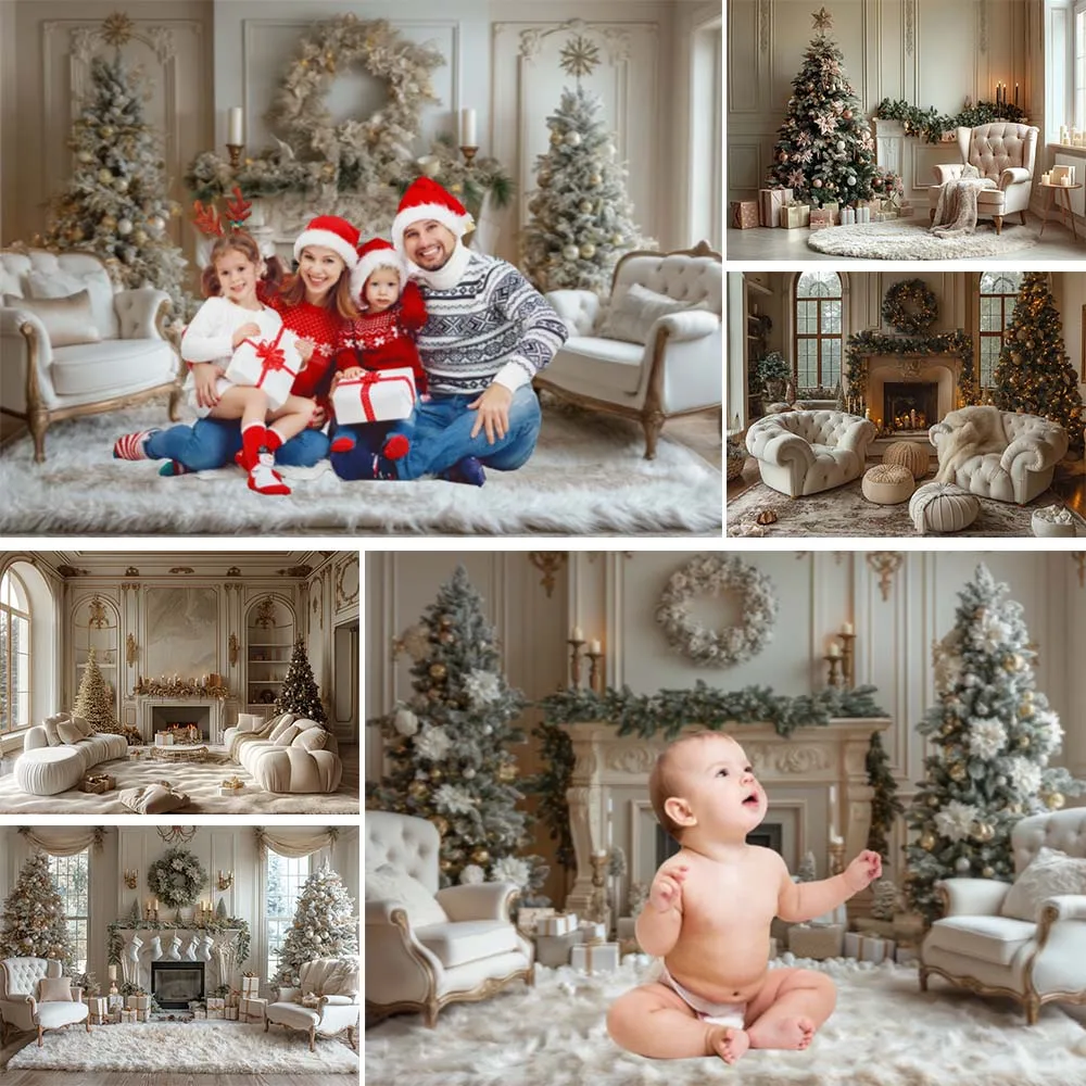 

Mocsicka Christmas Photography Backdrop Vintage White Wall Fireplace Xmas Tree Garland Family Portrait Background Shooting Props