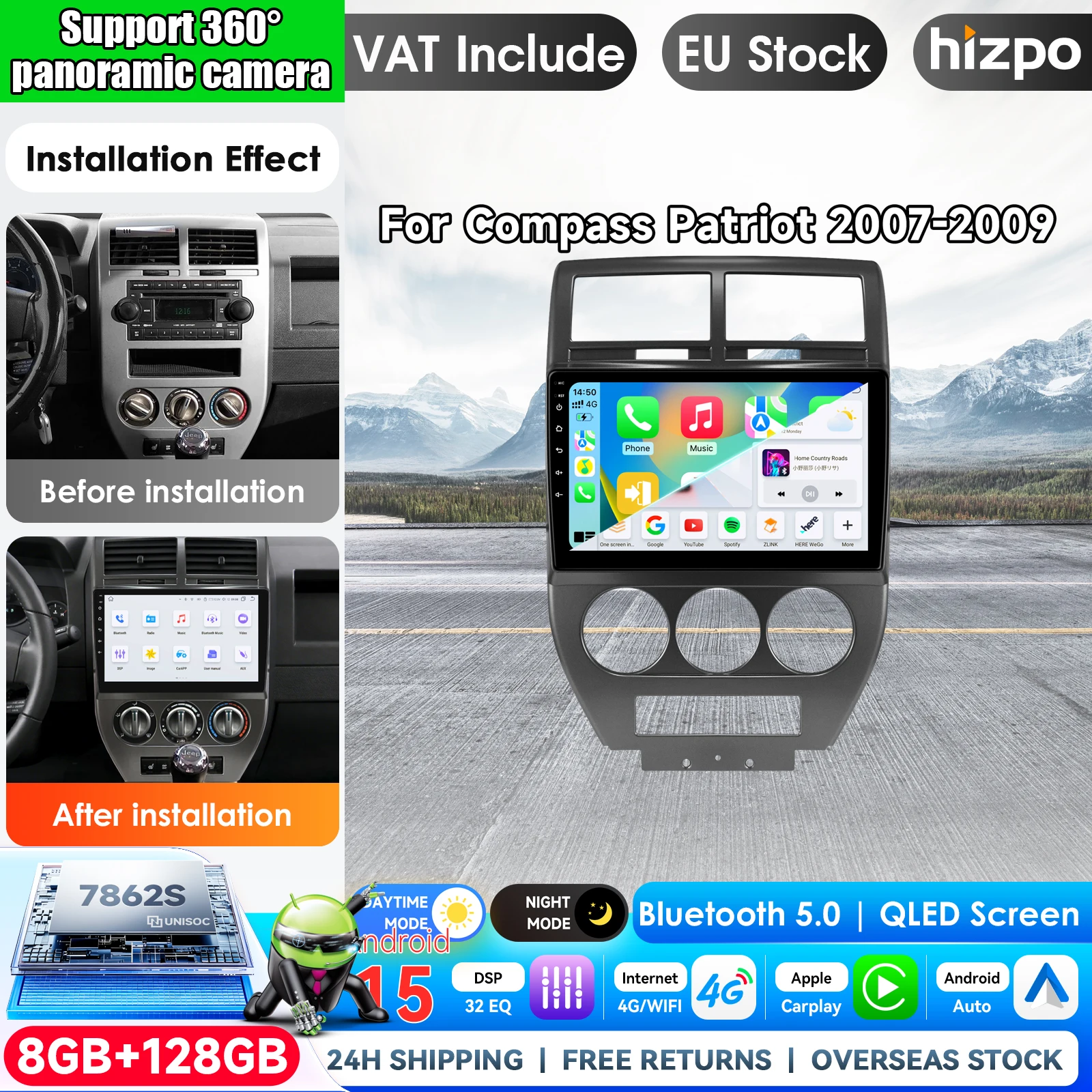 Autoradio Carplay für Jeep Compass MK Patriot 2007 2008 2009 Navigation GPS Android Auto Multimedia-Player Stereo Ohne 2din Kamera 4G WLAN Auto-Intelligenzsysteme KI-Sprachsteuerung 4G WLAN 8-Kern