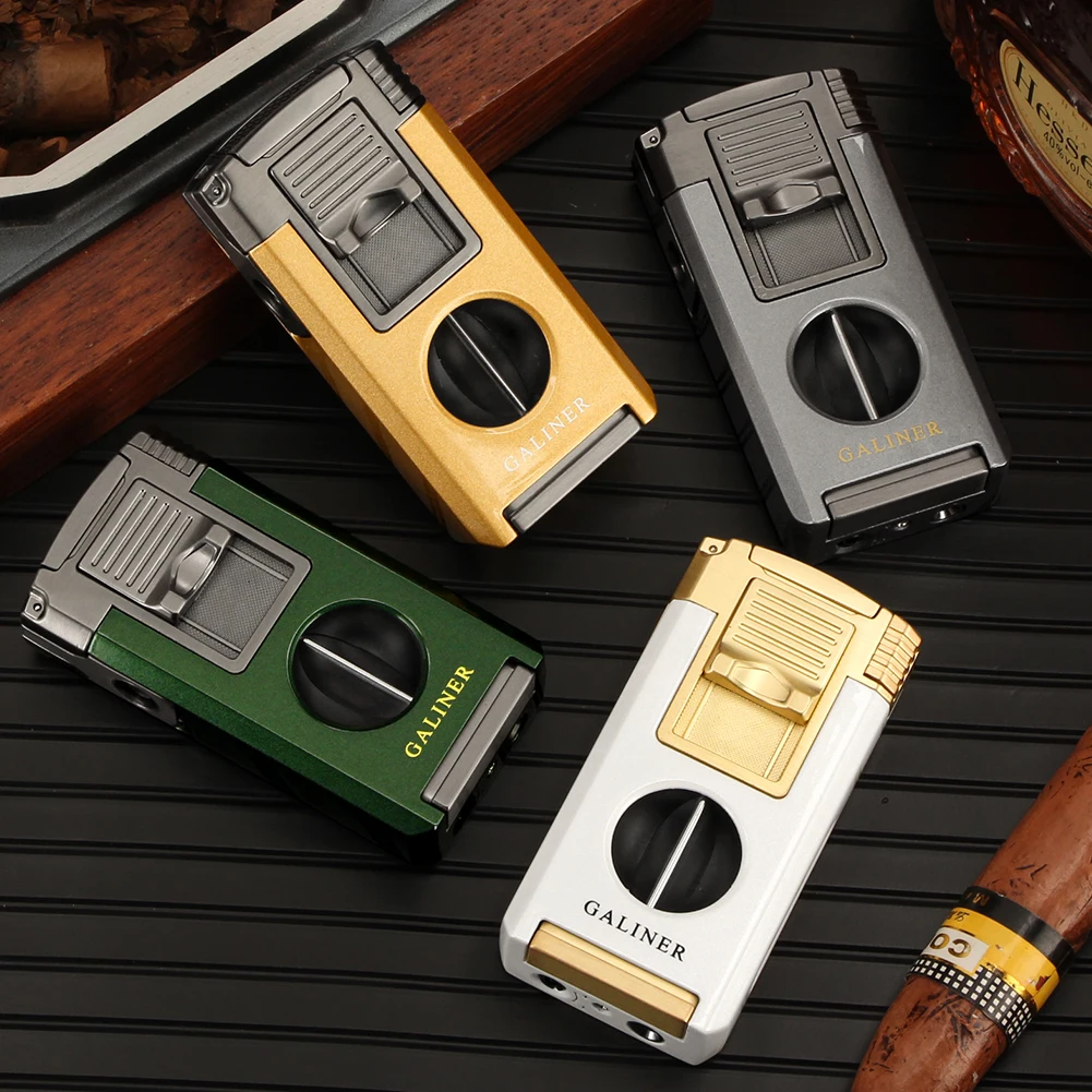 

GALINER V-образный резак для сигар, металлический портативный бутановый газ, 3-струйная пламенная горелка, зажигалки, инструмент для сигар