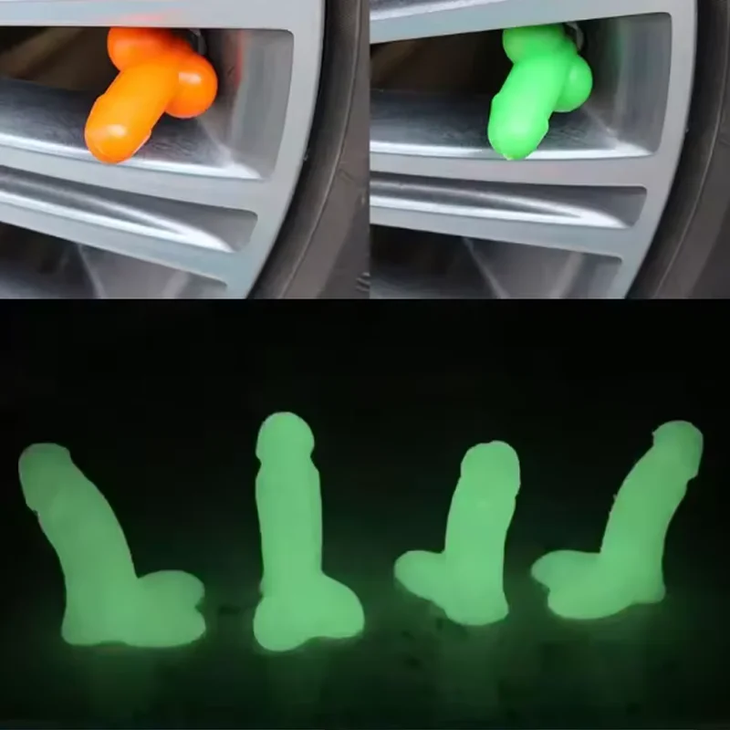 4Pcs Car Penis For Shape Valve Stem Cap Car Motorcycles Luminous Car Tire Valve Caps Prank Auto Stem Cap Wheel Tire Valve Stem