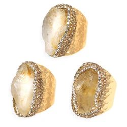 Micro Inlay Citrine Open Ring for Women Irregular Natural Raw Stone Finger Jewelry Adjustable