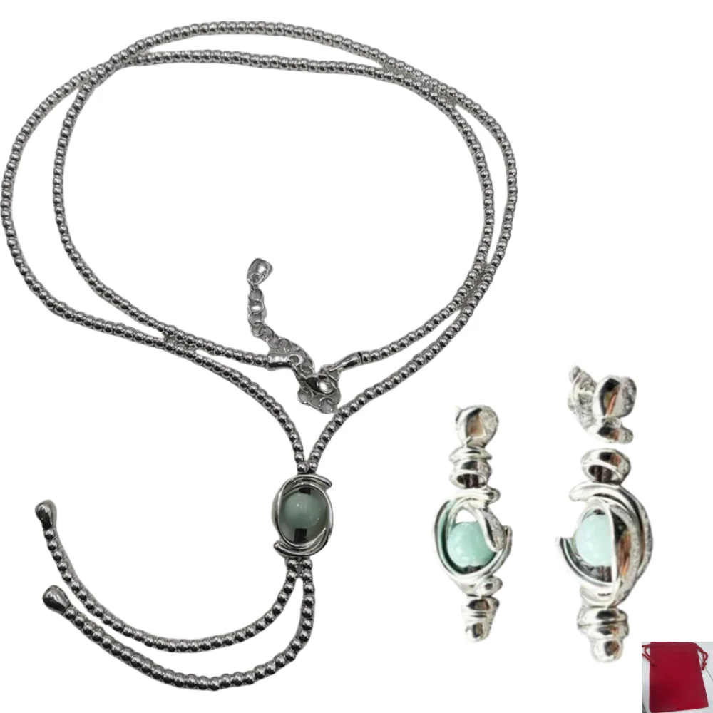 2026 Spain Daily Leisure Style Green Tianhe Stone Silver Earrings Necklace Two Piece Set Holiday Gift