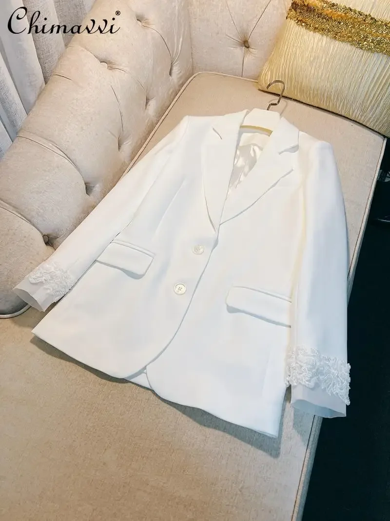 

French Fashion Light Luxury High-end Cuffs Embroidered White Blazer Spring and Autumn New Loose Elegant Commuter Suit Jackets