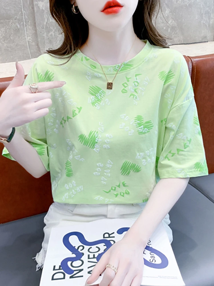 

Новая летняя женская футболка из хлопка, легкая, свободного кроя, базовая, с круглым вырезом, с принтом, повседневная летняя одежда