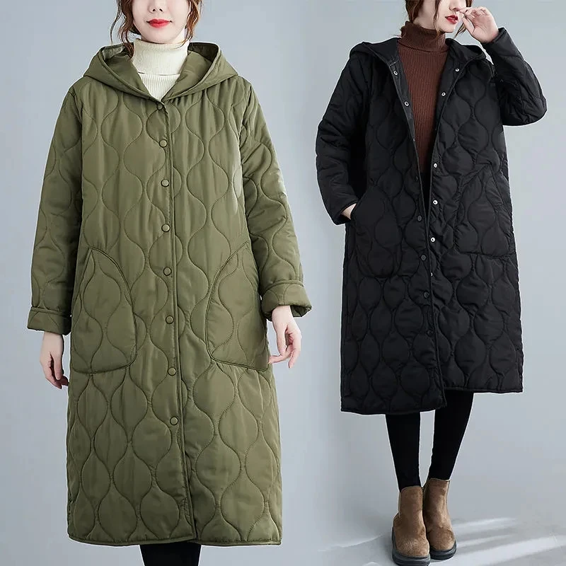 Parkas à capuche mi-longs pour femmes, veste rembourrée en coton optique, manteau vert vintage, automne et hiver, chaud, nouveau