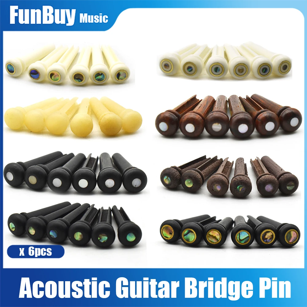 6Pcs Bone Guitar Bridge Pins Ebony Bone Rosewood Bridge Pin for Acoustic Guitar with Pearl Shell Brass Circle Guitar Accessories