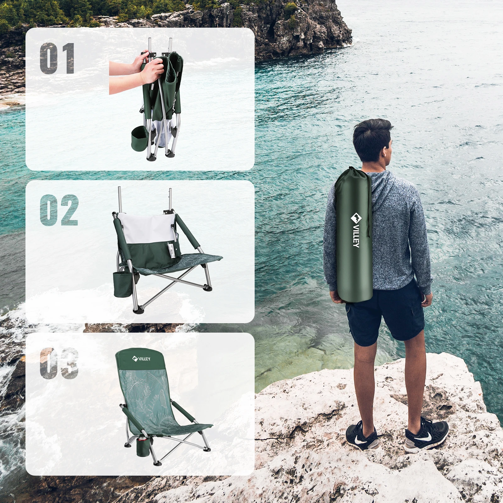 Villey Camping Fishing Folding Chair Tourist Beach Chaise Longue Chair for Relaxing Foldable Leisure Travel Furniture Picnic