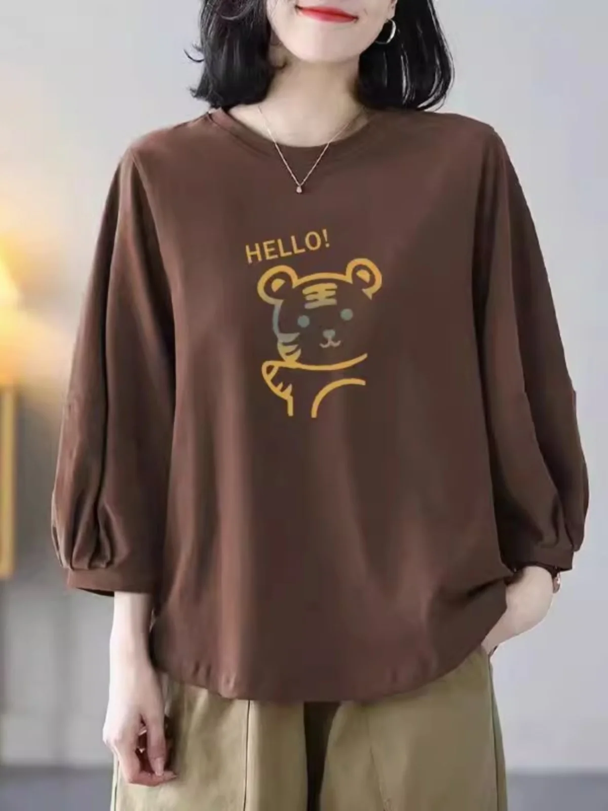 

100% Pure Cotton Loose Fit Casual Style Women's Base Shirt Seven Sleeve Autumn New Arrival plus Size Inner Wear Ladies Top