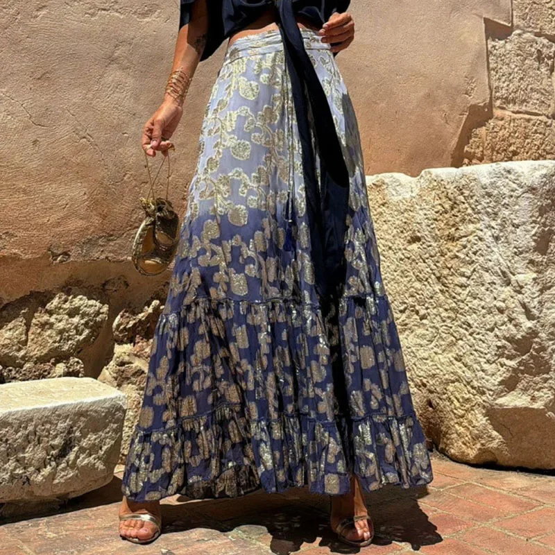 

Summer Printed Gradient Skirt High Street Lotus Edge Waisted Holiday Long Skirts 2024 Women Temperament Loose A-line Dresses