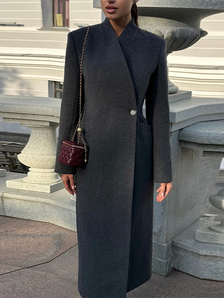 أنيقة زر معطف طويل المرأة الصلبة ضئيلة كم كامل الوقوف طوق جيوب عدم التماثل معاطف الإناث أزياء الربيع أبلى