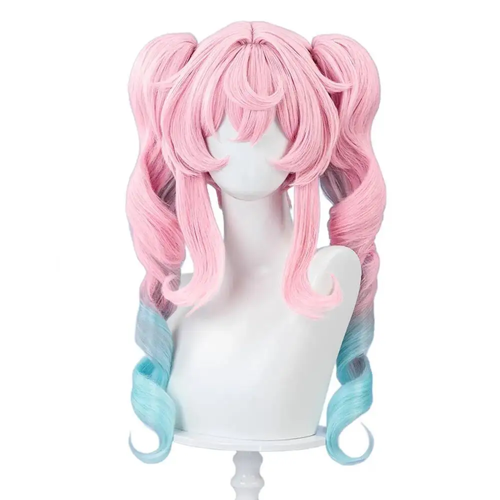 アニメ-honkai-スターレール-ハイシネ-コスプレウィッグ-ピンク-ダブルポニーテール-ヘアテール-ブルーグラデーション-アンフォレウス-ハロウィンパーティー-ガールズカーニバル