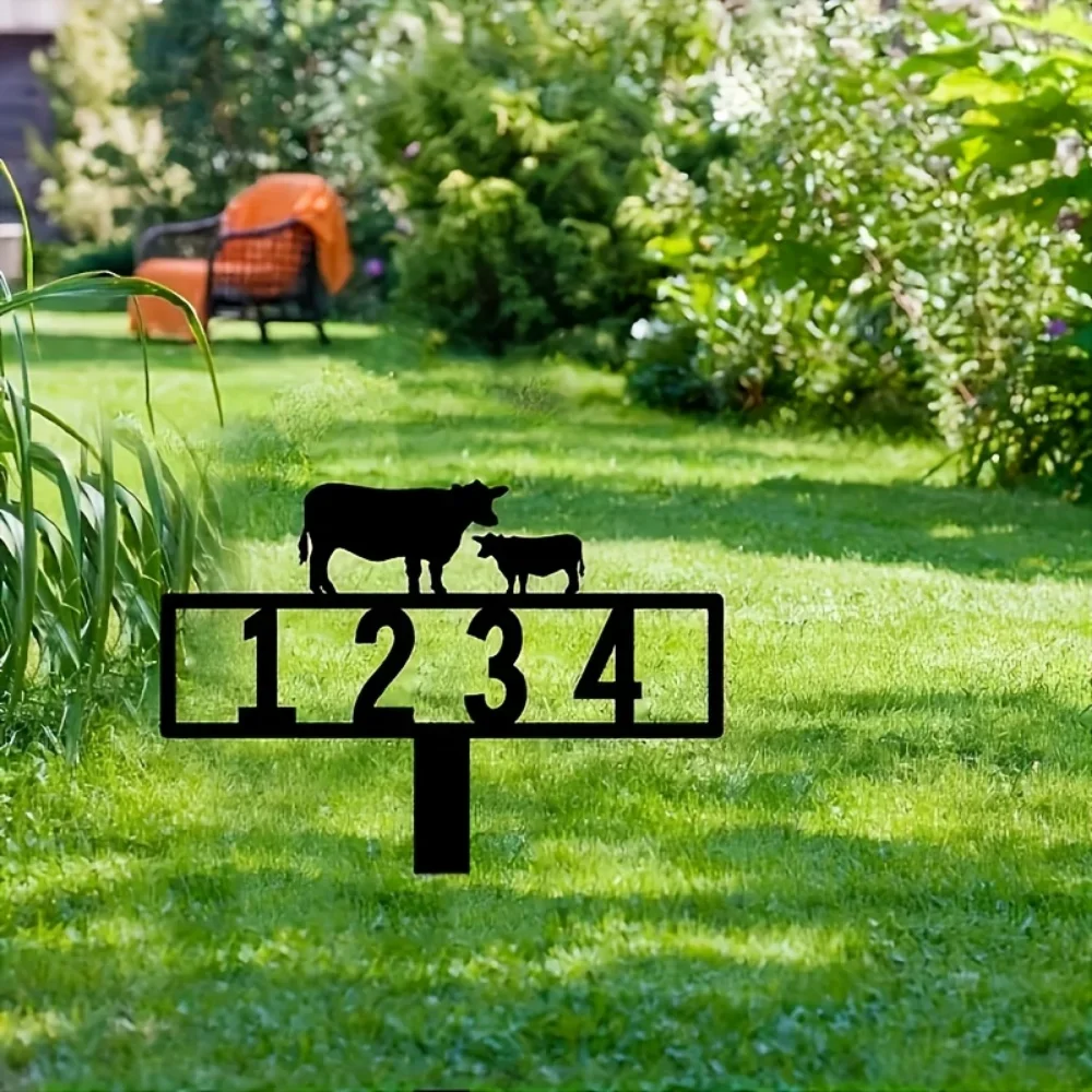 Iron Decoration,Exclusive Handmade Custom Cow & Calf Metal Address Sign in Rustic Style with Ground Insert for Outdoor Spaces as