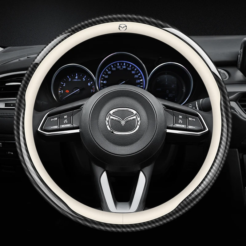 Skórzany pokrowiec na kierownicę z włókna węglowego do Mazdy 3 5 6 SKYACTIV Axela Atenza CX30 CX5 CX8 CX9 MX5 RX8 RX7 BT50 Akcesoria
