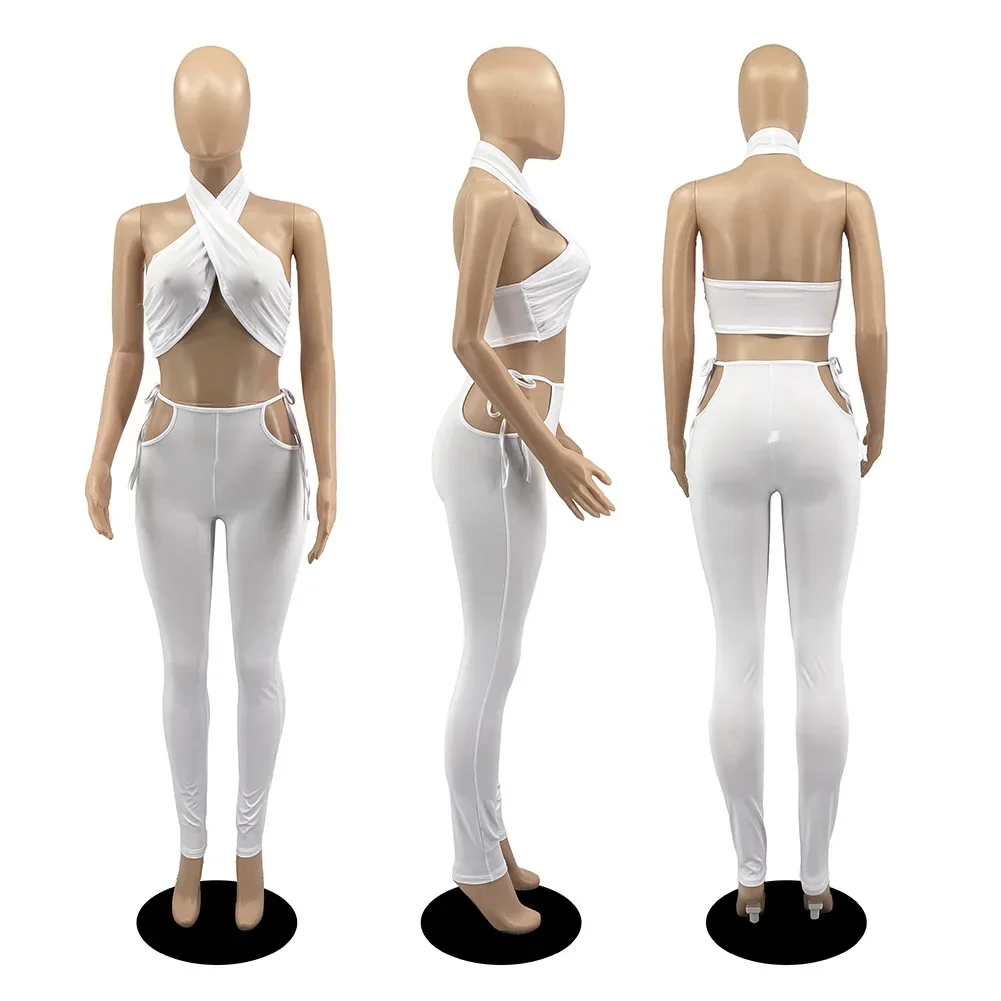 WEIN-Two-Piece Sets for Women, Sexy Outfits, Cross Neck Top, Crop Skinny Pant, Wholesale Items for Club Party, Y2k, Summer