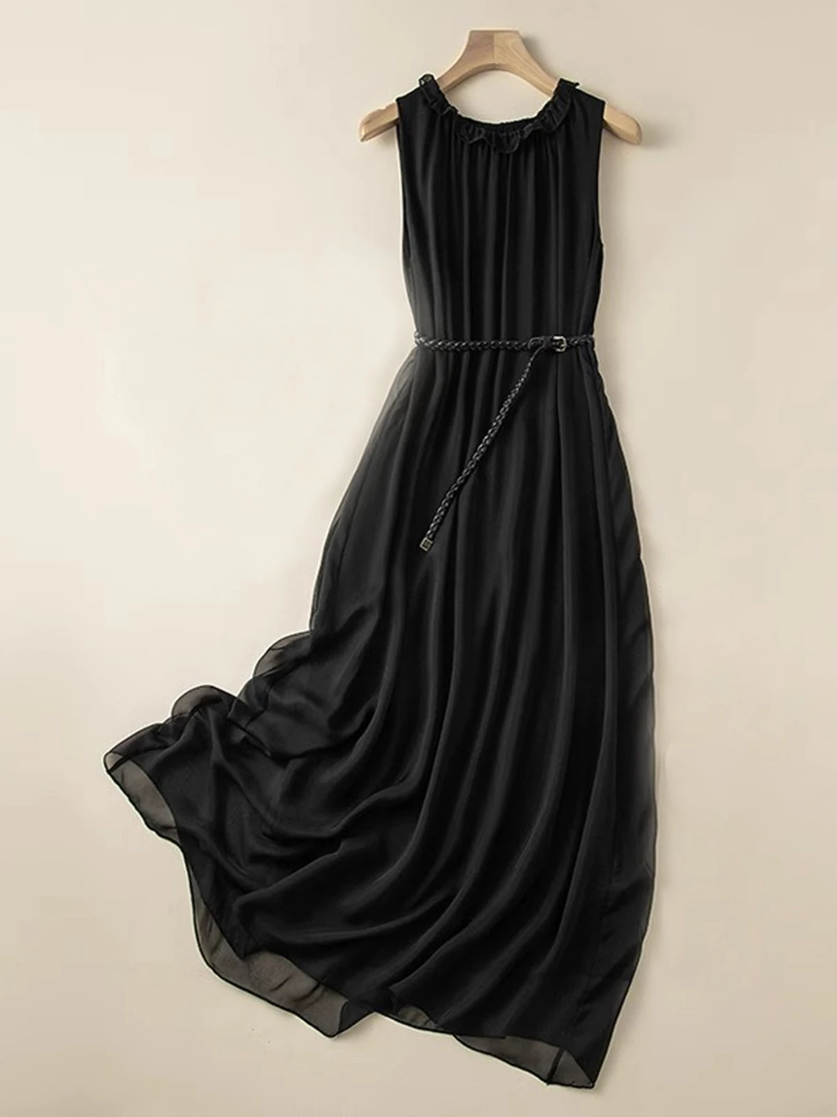 

Элегантное шелковое платье без рукавов для женщин, новое летнее высококачественное черное шелковое длинное пляжное платье в стиле феи, для города и улицы