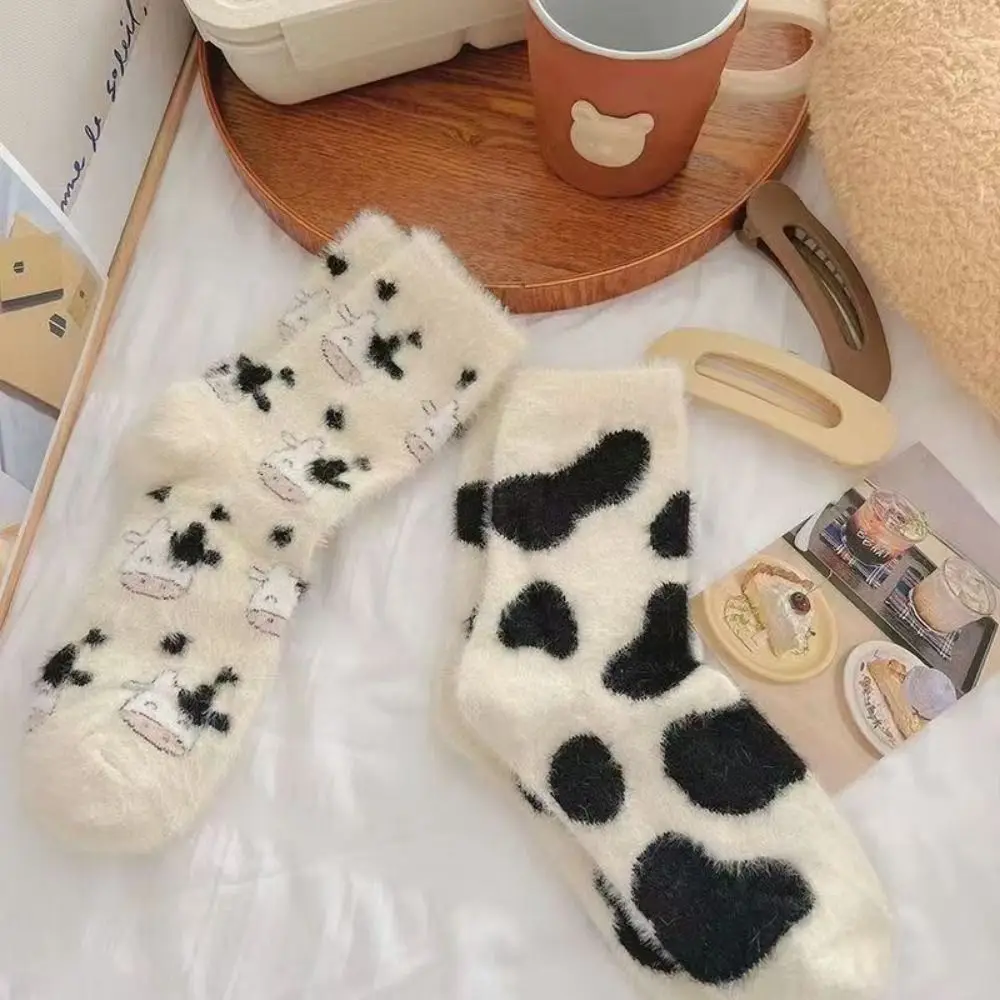 Kawaii Cow Spots Dinosaur Velvet Socks Winter Warm Soft Fleece Warm Socks Cozy Sweat Absorption Thermal Tube Sox Cold Weather