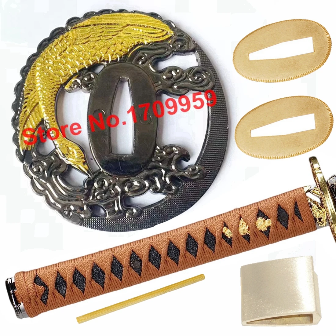 A Set Japanese Samurai Sword Handle Katana Wakizashi Tanto Guard Fittings Tsuba+Menuki+Fuchi+Kashira+Habaki+Seppa Metal Parts