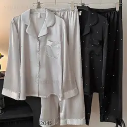 Female 2PCS Pajamas Set Spring New Sleepwear Home Clothese Long Sleeve Trouser Suit Pyjama Pour Femme Fashion Star Loungewear