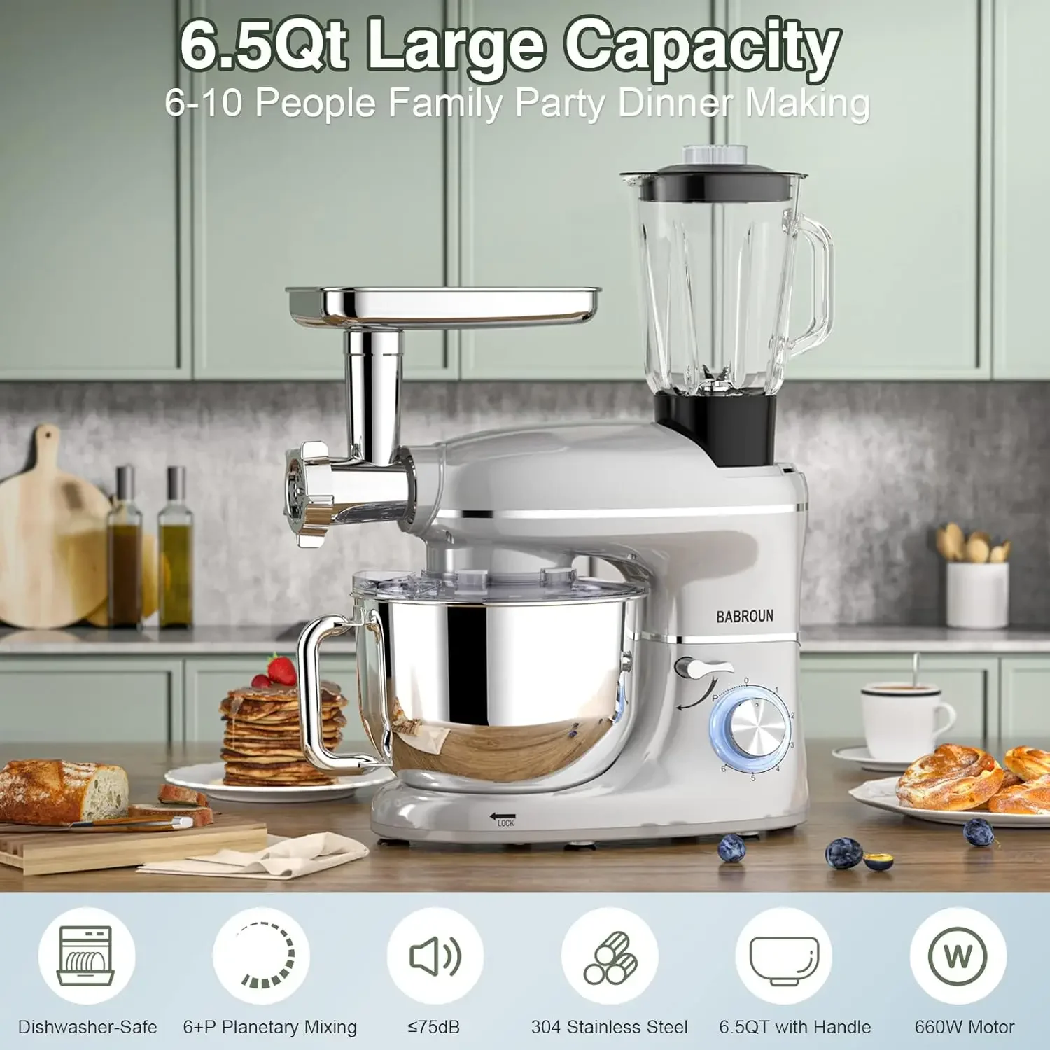 Mixer, BABROUN 6 IN 1 Multifunctional Electric Kitchen Mixer with 6.5QT Stainless Steel Bowl, 1.5L Glass Jar, Meat Grinder