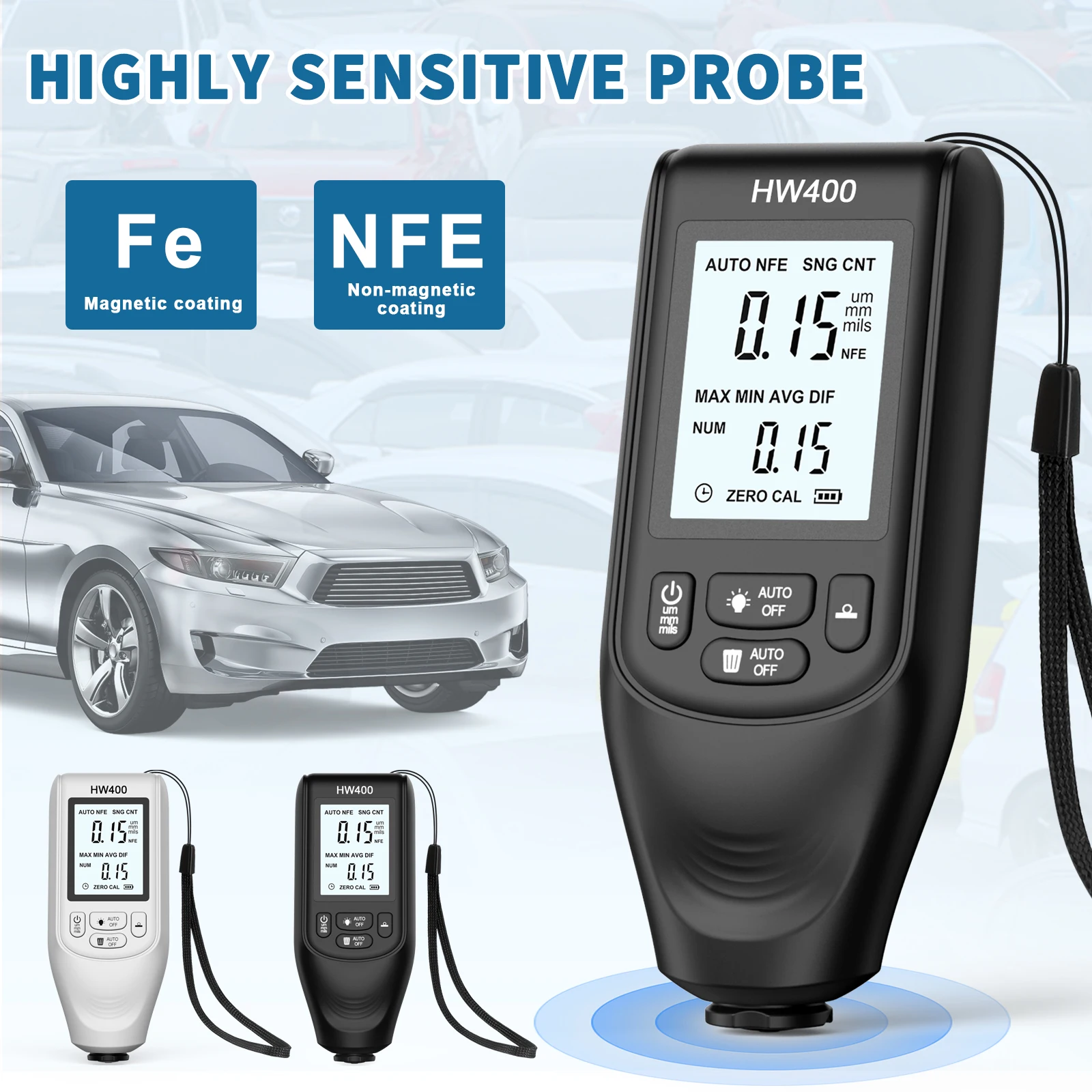 HW400 Automobile Thickness Gauge Car Paint Tester Thickness Coating Measuring Tool Ultra-precise 0.1micron/0-2000 Fe&NF