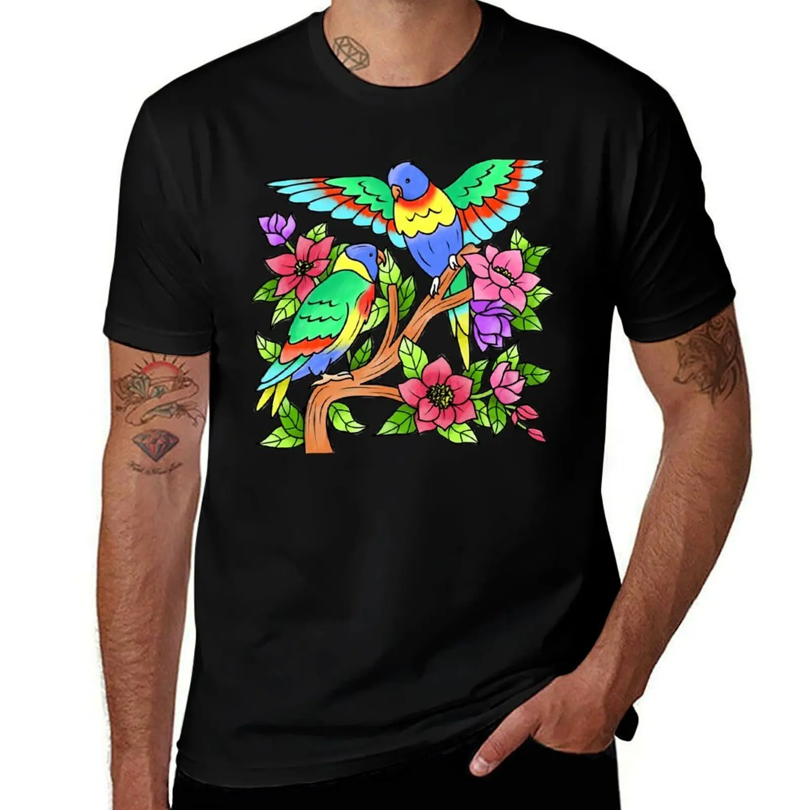 Parrot Couple Exotic Flower Summer Design Rainbow Lorikeets T-Shirt Athletic Fit Sports Short Sleeve