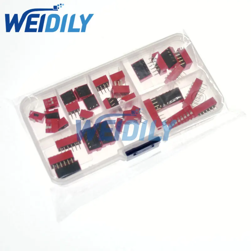 35PCS Dip Switch Kit In Box 1 2 3 4 5 6 8 Way 2.54mm Toggle Switch Red Snap Switches Mixed Kit Each 5PCS Combination Set
