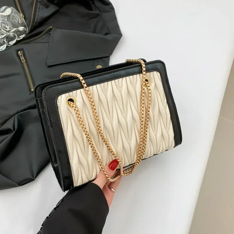 Pure Colour Fashion Women's Bag Large Capacity Casual Slanting Cross Bag Ladies Wrinkle Shoulder Bag Chain Decoration PU Materia