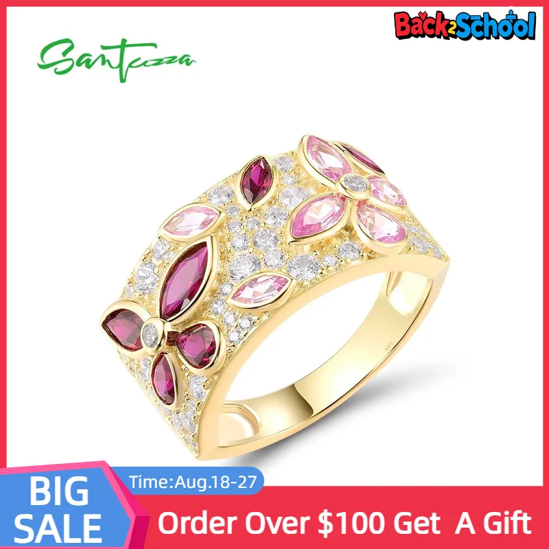 SANTUZZA Pure 925 Sterling Silver Rings For Women Sparkling Created Pink Sapphire Ruby Flower Delicate Gifts Fine Jewelry