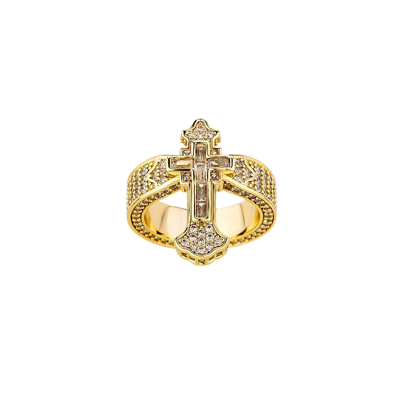 Hip Hop 5A+ CZ Stone Paved Bling Iced Out Double Cross Finger Rings Men Hollow Ring for Man Rapper Jewelry Gold Silver Color